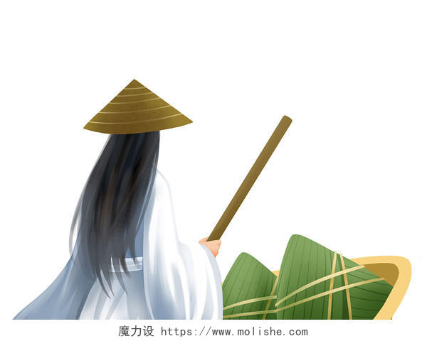 彩色手绘中国风粽子船汉服人物古装人物端午节元素PNG素材